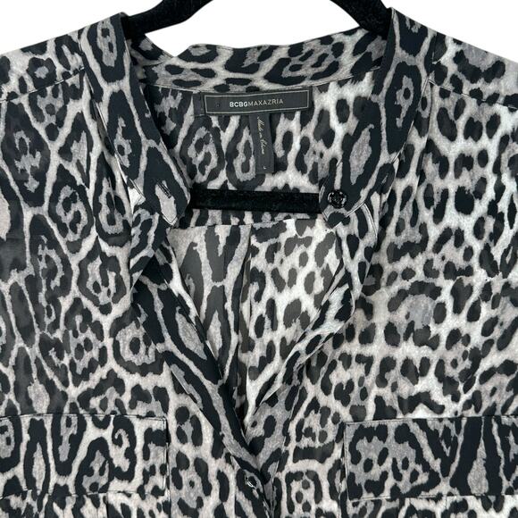 BCBG MAXAZRIA Anderson Sheer Silk Blouse Top Womens Large Button Leopard Animal - Picture 2 of 9